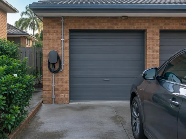 Wall-mounted EV charger on a brick garage wall beside a driveway in Eastgardens