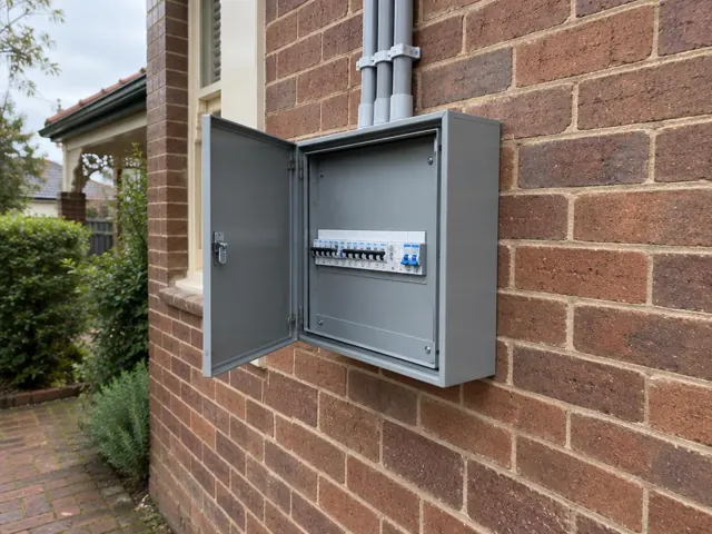 Open external switchboard on a brick house wall with conduit above in Kensington